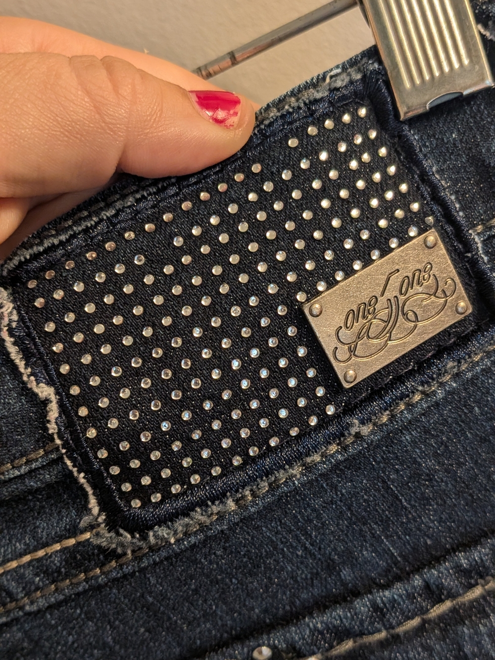 One 5 One Rhinestone Flap Pocket Jeans Size 12 Y2K Western Embellished Dark Wash - Picture 10 of 13